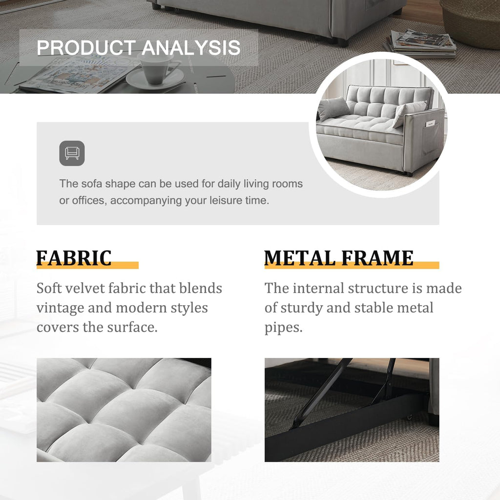 3-in-1 Loveseat Sleeper Sofa, Modern 55.5' Pull Out Couch, Velvet Upholstered Futon Sofa Bed with Adjustable Backrest, Convertible Sofa Bed with Storage Pockets for Living Room(Light Grey)