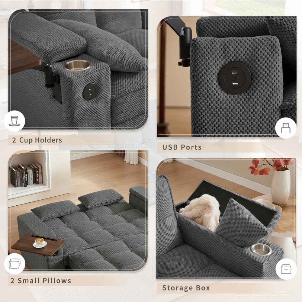 Auvsoce 65'' Convertible Sleeper Sofa Bed with Adjustable Backrest, Chaise Lounge, Side Table & USB/Type-C Ports – Stylish & Functional Addition to Any Living Room (Dark Grey Sofa Bed)
