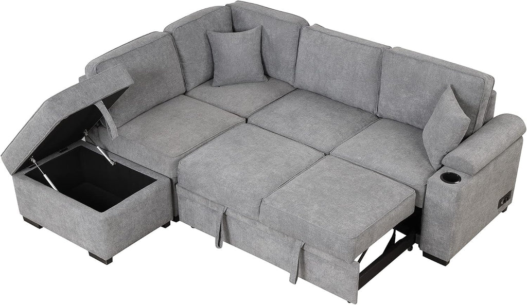 LUMISOL 87' Convertible Sleeper Sofa with Storage Ottoman, Pull Out Sofa Bed with Cup Holders & Charging Stations, L-Shaped Sectional Couch with Chaise for Living Room, Gray