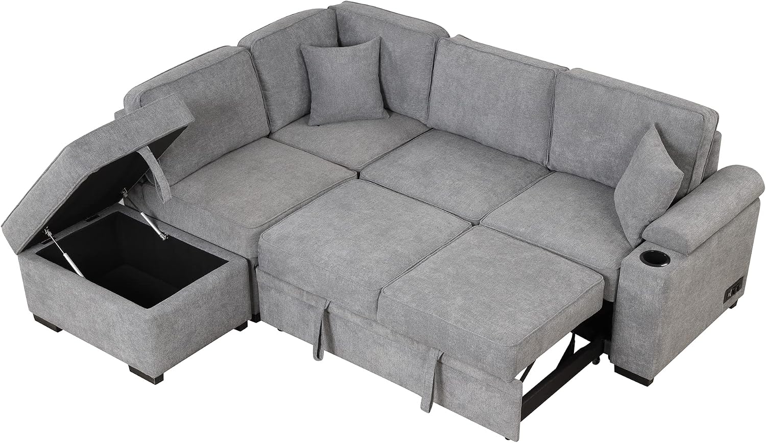 LUMISOL 87' Convertible Sleeper Sofa with Storage Ottoman, Pull Out Sofa Bed with Cup Holders & Charging Stations, L-Shaped Sectional Couch with Chaise for Living Room, Gray