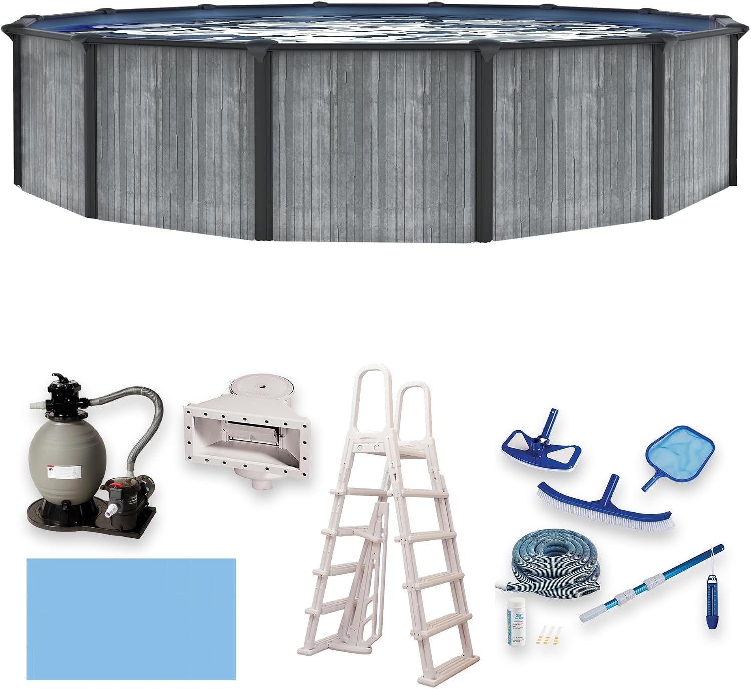 Blue Wave San Pedro 18-ft Round 52-in Deep Above Ground Swimming Pool – Steel Top Rails, Sand Filter, Skimmer, Liner, A-Frame Ladder & Maintenance Kit – Complete Outdoor Pool Accessories