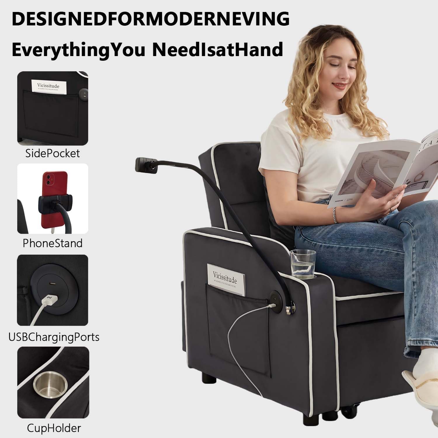 Convertible Sofa Bed, 3 in 1 Futon Sofa Bed with USB Charging Ports, Cup Holder, Phone Stand & Pocket, Modern Upholstered Sleeper Sofa for Living Room, Apartment or Small Space (Grey)