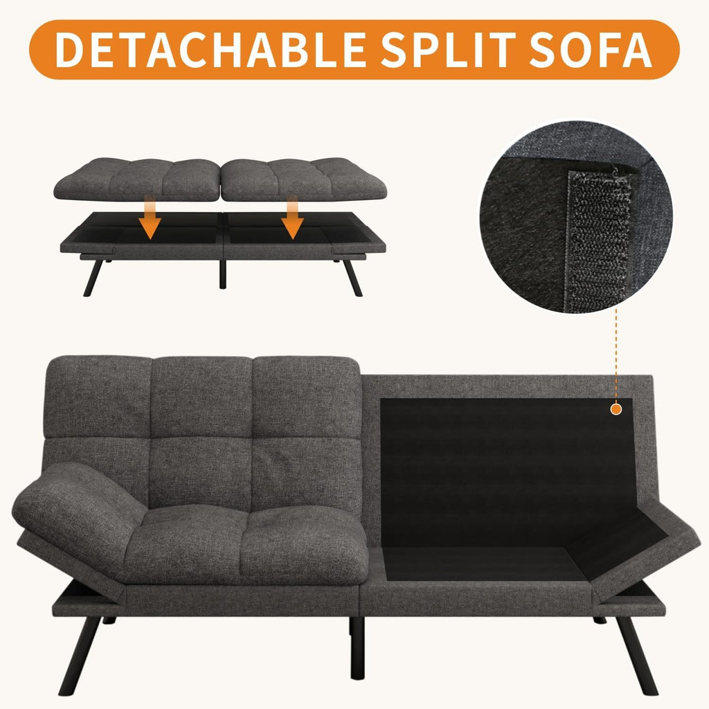 MUUEGM 71-Inch Convertible Futon Sofa Bed with Adjustable Backrest & Removable Armrests, Foldable Sleeper Loveseat for Small Space Living Room, Studio Apartment, Home Office，Deep Gray