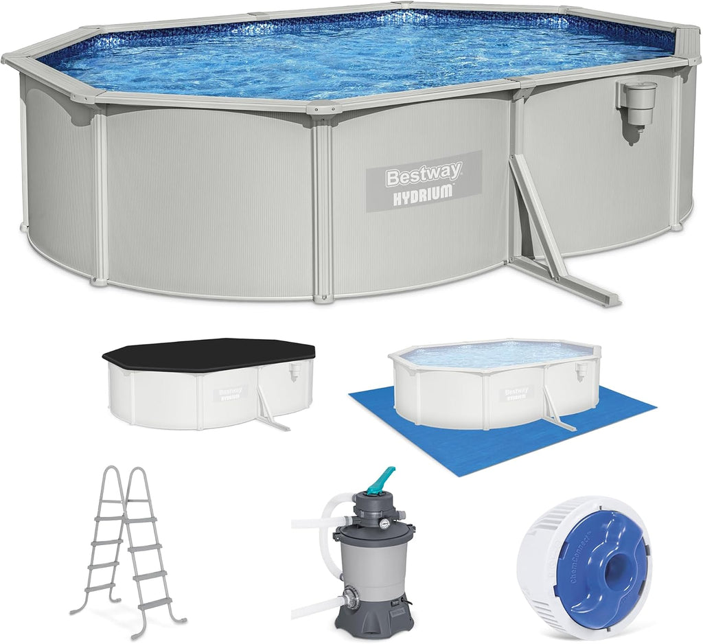 Bestway Hydrium 16'5' x 12' x 48' Above Ground Pool, Oval Steel Side Wall Frame Outdoor Swimming Pool Set with Sand Filter Pump, Ladder & Accessories
