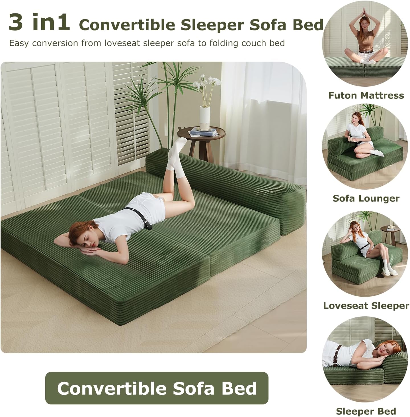 Folding Futon Sofa Bed Full Size, 6 inch Convertible Floor Couch Bed with Removable Corduroy Cover, Pull Out Couch for Small Spaces High-Density Foam,Green