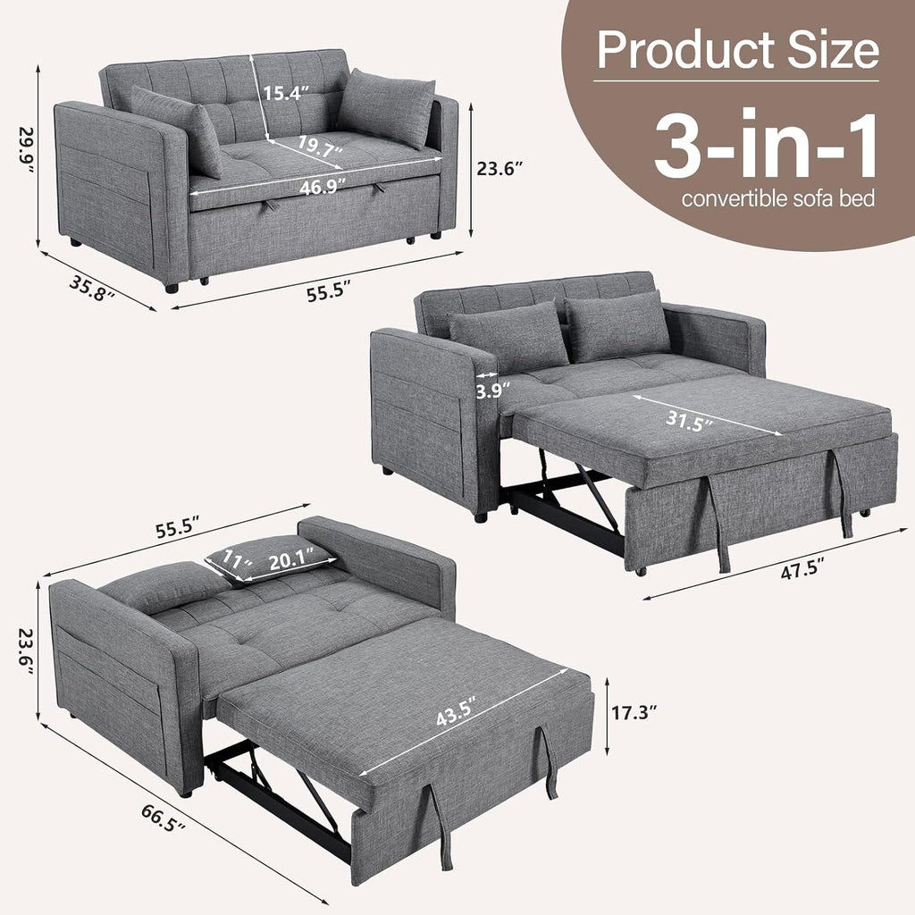 HAOMARKETS 3 in 1 Convertible Sleeper Sofa Bed, Loveseat Chaise Lounge with Pullout Bed, 2-Seater Futon Couches with Storage Pockets, 3-Level Adjustable Backrest and Pillows for Living Room, Grey