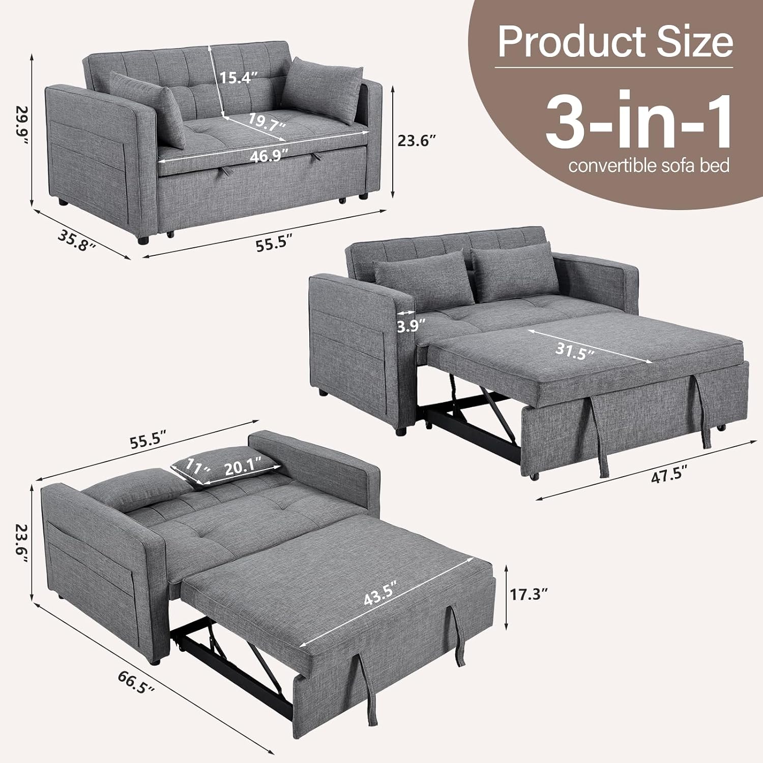 HAOMARKETS 3 in 1 Convertible Sleeper Sofa Bed, Loveseat Chaise Lounge with Pullout Bed, 2-Seater Futon Couches with Storage Pockets, 3-Level Adjustable Backrest and Pillows for Living Room, Grey