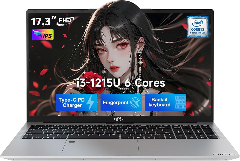 NIMO 17.3' IPS FHD-Student-Laptop, Intel 6 Cores i3-1215U 32GB RAM 1TB SSD (Beat 5 7520U, Up to 4.4GHz) Computer with 65W Type C Fingerprint Backlit Keyboard Wi-Fi 6 BT5.2, for Home and Business