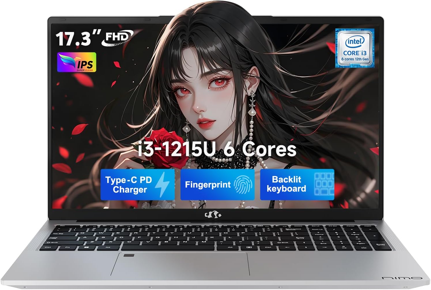 NIMO 17.3' IPS FHD-Student-Laptop, Intel 6 Cores i3-1215U 32GB RAM 1TB SSD (Beat 5 7520U, Up to 4.4GHz) Computer with 65W Type C Fingerprint Backlit Keyboard Wi-Fi 6 BT5.2, for Home and Business