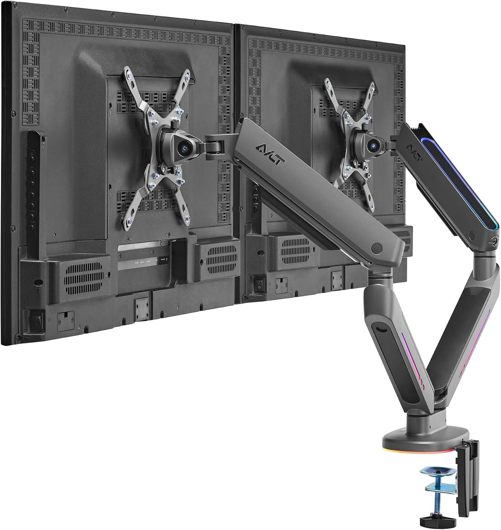 AVLT Dual 27'-43' RGB Gaming Monitor Arm Desk Mount Built-in 20 Lighting Modes Touch Button Control Fits Flat/Curved/Ultrawide Screen Height Swivel Tilt Rotation Adjustable Monitor Stand -Dark Gray