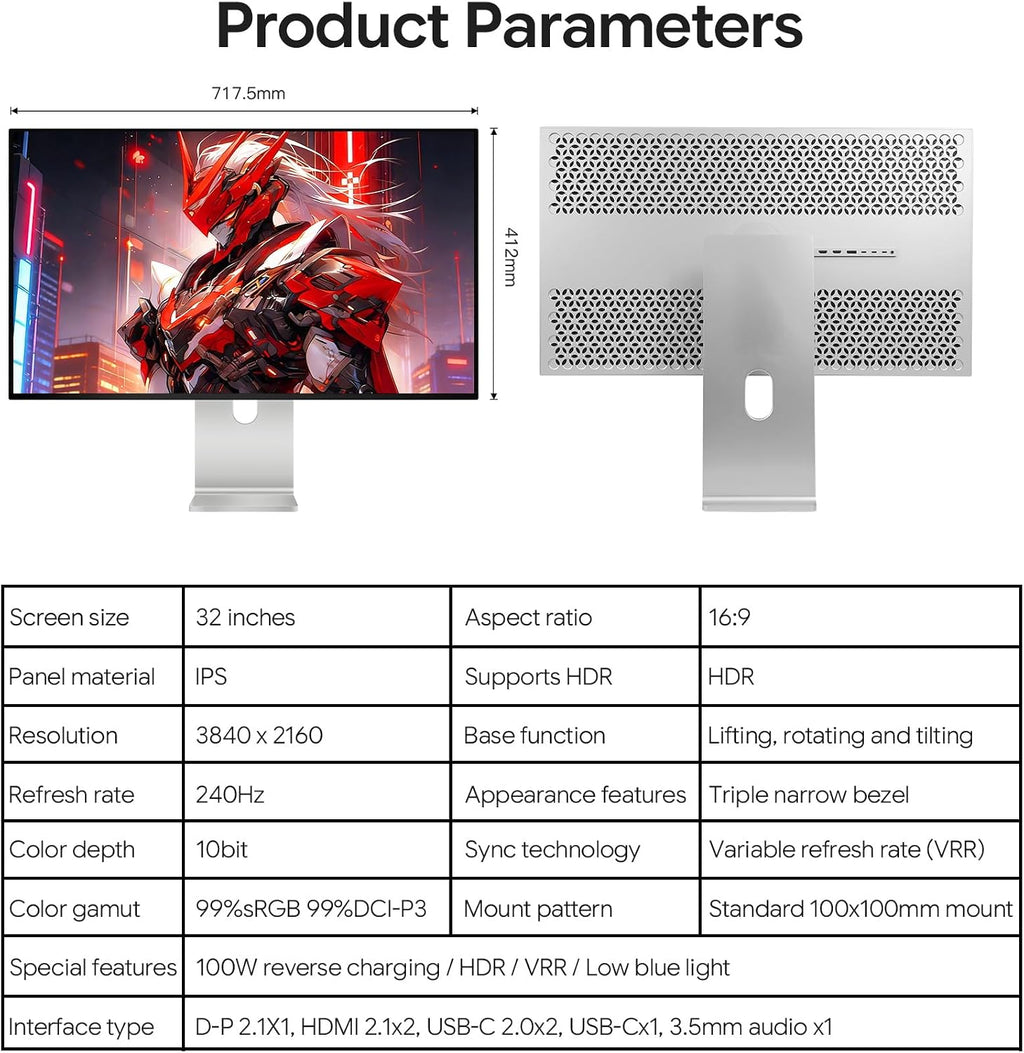 Q32S 32' 4K 240Hz QD-OLED Glossy Monitor, 0.03ms, 99% sRGB, 99% DCI-P3, 10-Bit Color, HDR, 1500000:1 Contrast Ratio, Eye Care (Honeycomb - with Stand)