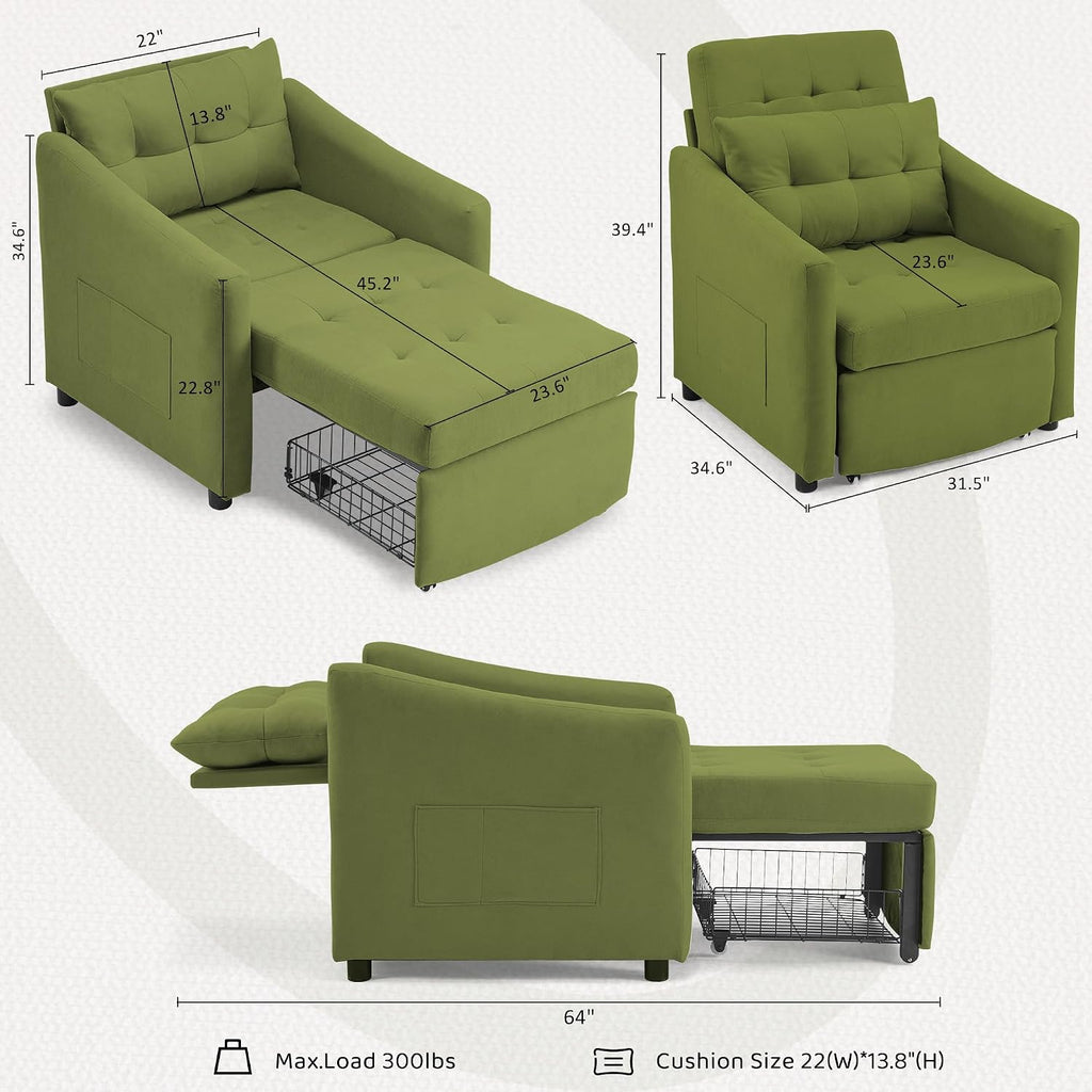 Bezseller Sleeper Sofa Chair Bed, 3-in-1 Convertible Sleeper Chair with Storage Drawer, Pull Out Couch with Side Pocket, Pillow, and Adjustable Backrest, for Living Room Bedroom Apartment, Green
