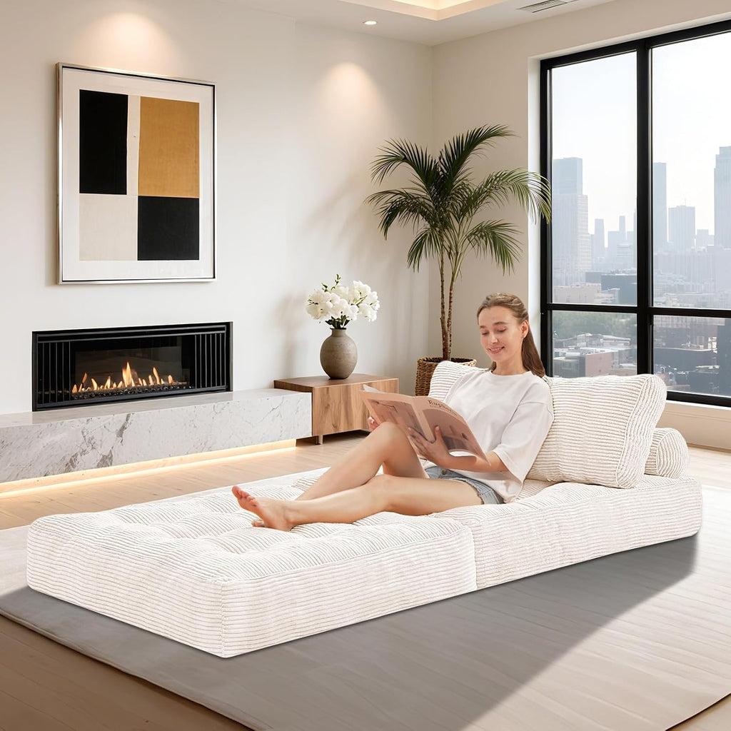 HABUTWAY Folding Sofa Bed, Convertible Sleeper Chair Bed w/Dual-Pillow & Handle, Foldable Floor Sofa Lounge w/Back Support for Living Room, Bedroom, Apartment, Office, Single, Beige