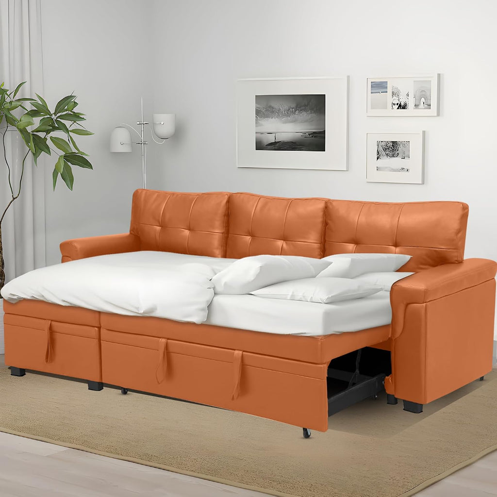 Naomi Home L Shaped Sectional Couch with Storage & Pull Out Bed – 3-in-1 Convertible Sleeper Sofa Bed, Small L Shape Sofa for Living Room, Sofa Bed with Storage Chaise in Caramel, Air Leather