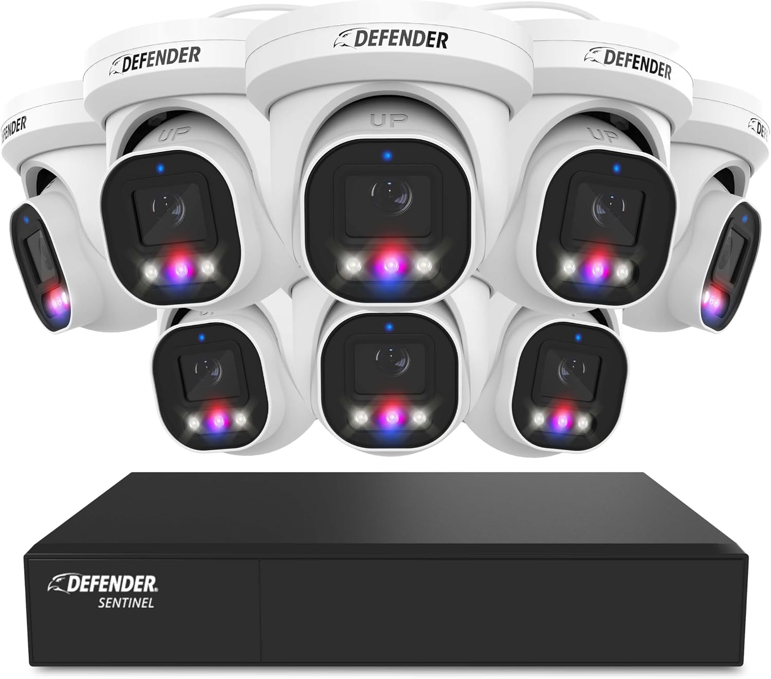 Defender AI Powered Sentinel Pro Turret 8CH NVR PoE Security Camera System, 8pc Metal Turret Cameras, 109° Wide Angle, IP66 Rated, Audio Recording, Web Viewing, 1TB HDD, Works w/Empower App