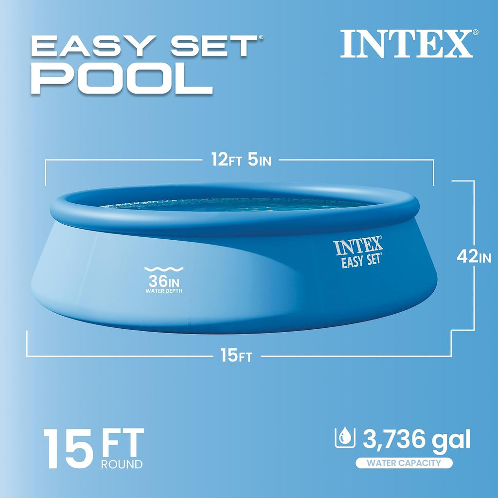Intex Easy Set 15 ft x 42in Above Ground Pool Set, Round Inflatable Swimming Pool with 1000 GPH Cartridge Filter Pump, Ladder, Cover, & Ground Cloth