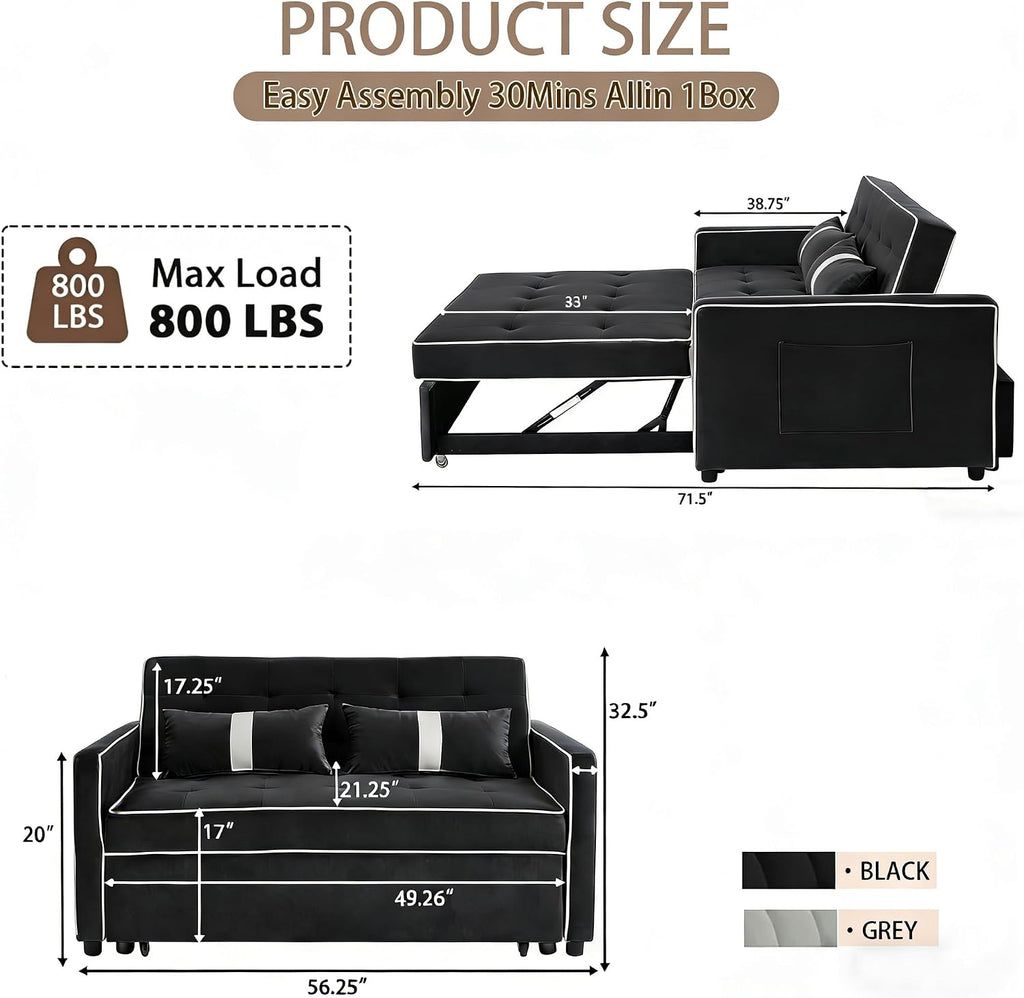 Convertible Velvet Sofa Bed with Pull-Out Bed & Side Storage Pockets, Modern Sleeper Sofa for Living Room, Apartment, Small Spaces, and Bedroom (7705-Black)
