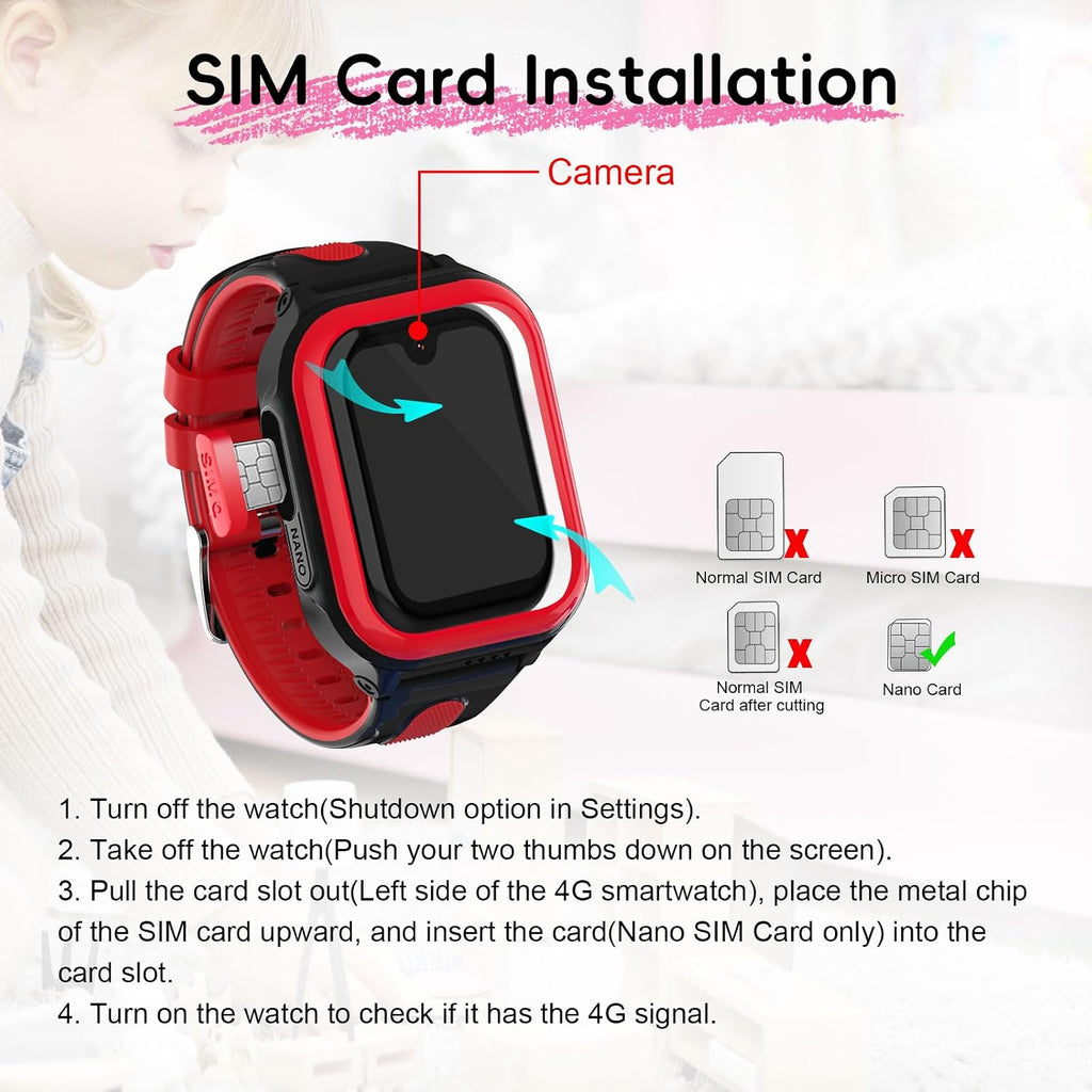 Wonlex 4G Smartwatch for Kids with SIM Card, 1.78 Inch Touch Screen Phone Watch with Video Calling, Voice Chat, SOS, Camera, Music, Pedometer, Birthday Gift for Girls and Boys 8-12 Years Old