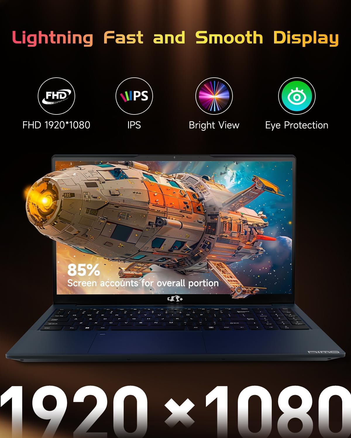 NIMO 15.6' IPS FHD-Laptop, Intel Pentium Quad Core N100 8GB RAM 256GB SSD (Beat i3-1115G4, Up to 3.4GHz) Computer with Backlit Keyboard Fingerprint Type-C WiFi 6 BT5.2, for Student and Home