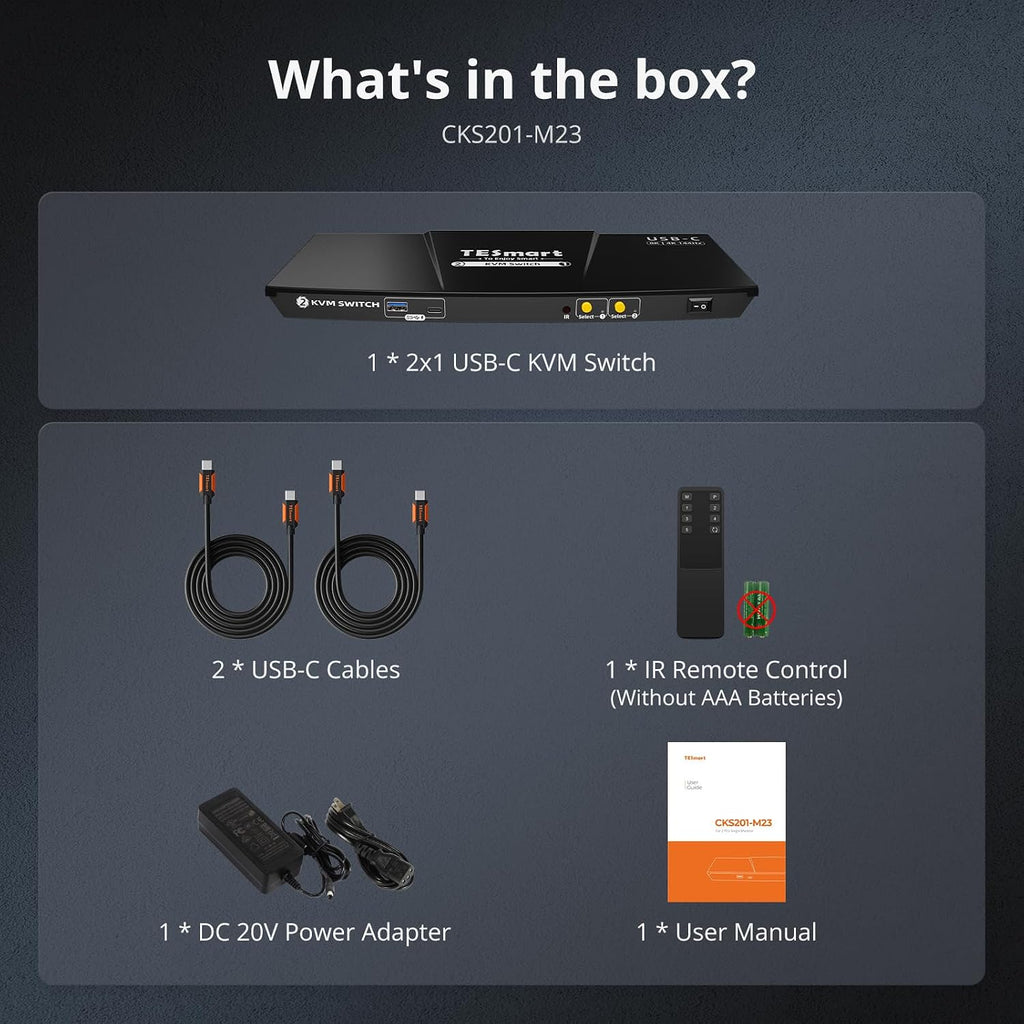 TESmart USB C 8K@60Hz KVM Switch 2 Laptops 1 Monitor, USB3.0 KVM Switch 2 Ports 4K@144Hz, Type C 60W Charging for Laptop, 1G Ethernet, EDID Emulators, Hotkey Switch, ADI Chip for Gaming & Home Office