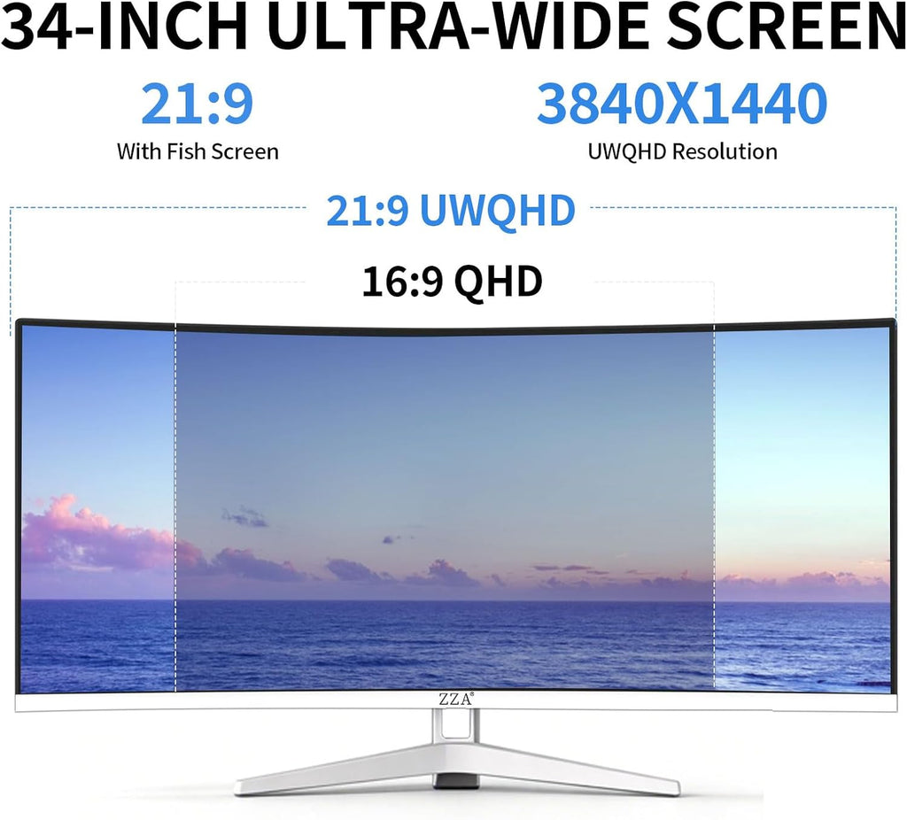 ZZA 34 Inch Ultrawide Curved Monitor Built in Speakers 4K Gaming Computer Monitor 100Hz, WQHD(3440x1440P) Curved 3800R 21:9 Ultra Wide PC Display, 130% sRGB, HDMI &DP, VESA Mount Compatible-White