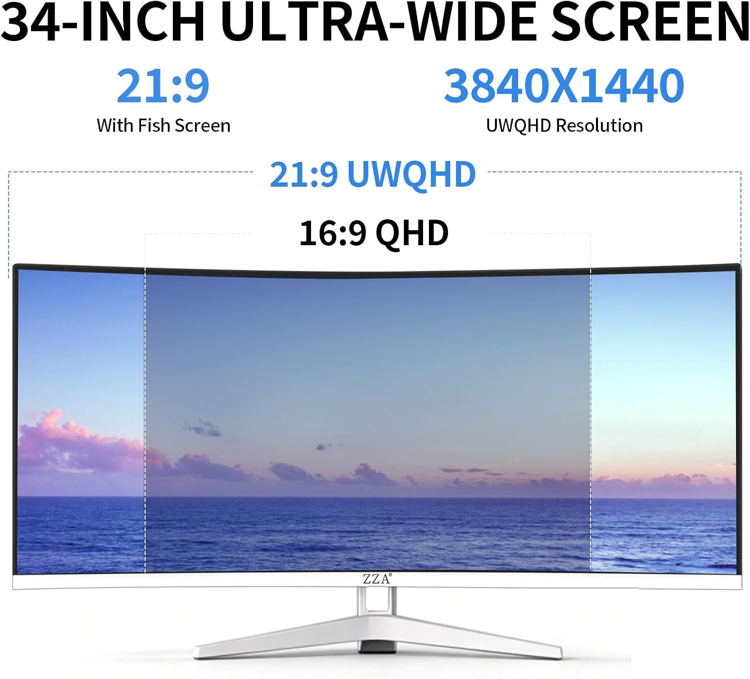 ZZA 34 Inch Ultrawide Curved Monitor Built in Speakers 4K Gaming Computer Monitor 100Hz, WQHD(3440x1440P) Curved 3800R 21:9 Ultra Wide PC Display, 130% sRGB, HDMI &DP, VESA Mount Compatible-White