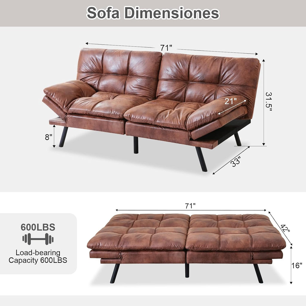Opoiar Futon Sofa Bed Modern, Memory Foam Futon, Sofa Bed Couch Sleeper, Convertible Futon Couch, Christmas Memory Foam Couch Convertible Loveseat for Living Room, Apartment, Studio, Brown (267PU-CH)