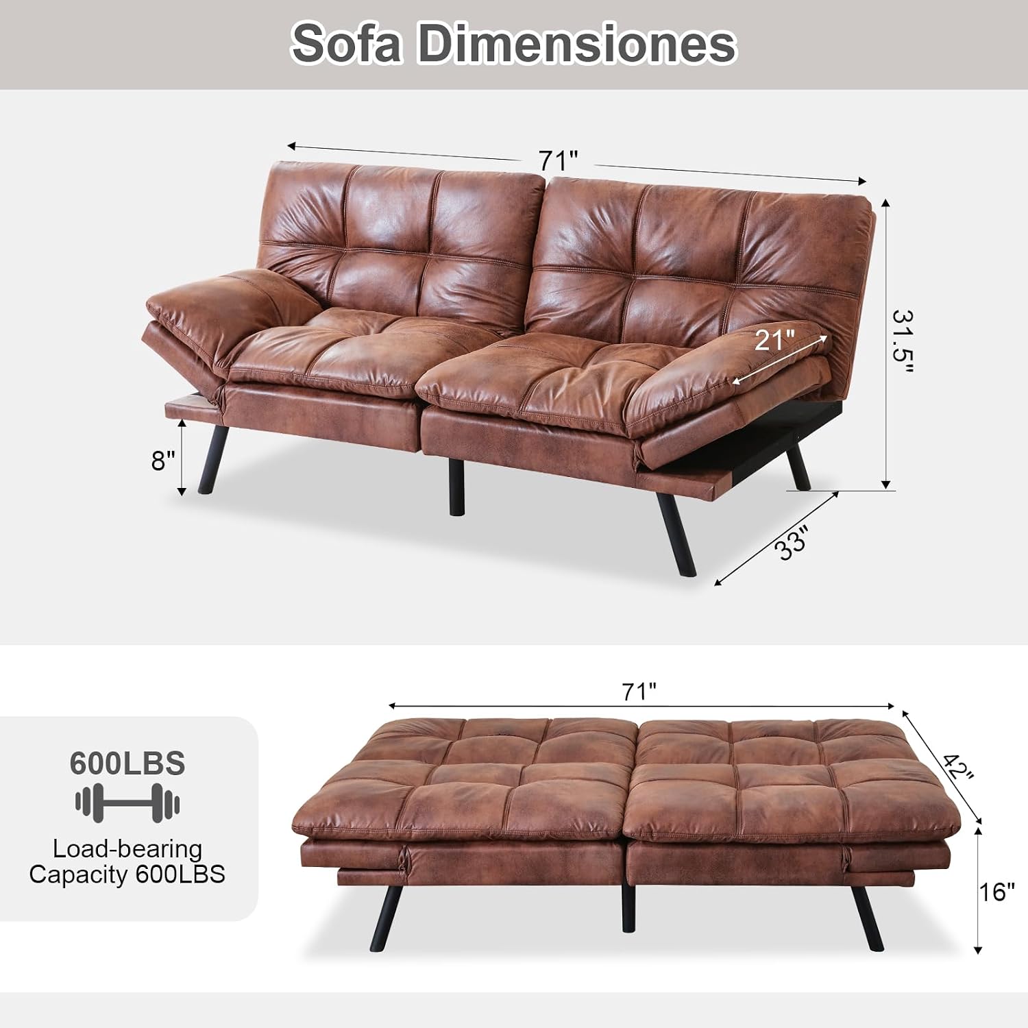 Opoiar Futon Sofa Bed Modern, Memory Foam Futon, Sofa Bed Couch Sleeper, Convertible Futon Couch, Christmas Memory Foam Couch Convertible Loveseat for Living Room, Apartment, Studio, Brown (267PU-CH)