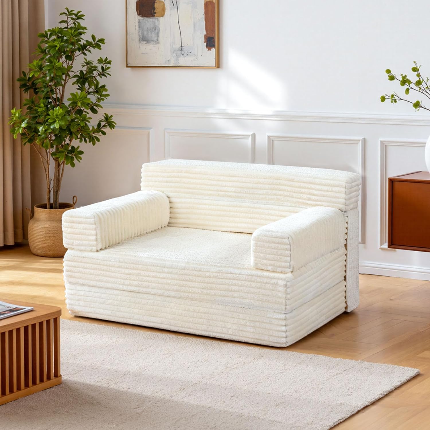 YEPDIN Folding Sofa Bed,Convertible Sofa Bed with Armrest Foldable Sleeper Chair, Portable Folding 4-in-1 Floor Sofa with Convertible Lounge Chair for Living Room,Bedroom,Washable Cover,White Single