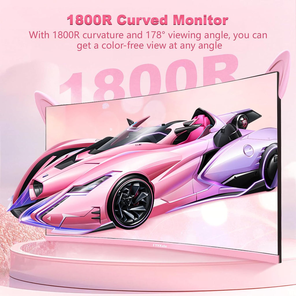 FYHXele FY27QHP Pink Monitor 27 Inch Curved Gaming 165Hz - Support 144Hz 1800R 1ms QHD 2560 x 1440P VA Screen, Built-in Speakers, AMD Free-Sync, HDMI, DP, USB, AUX, Tilt Adjustable