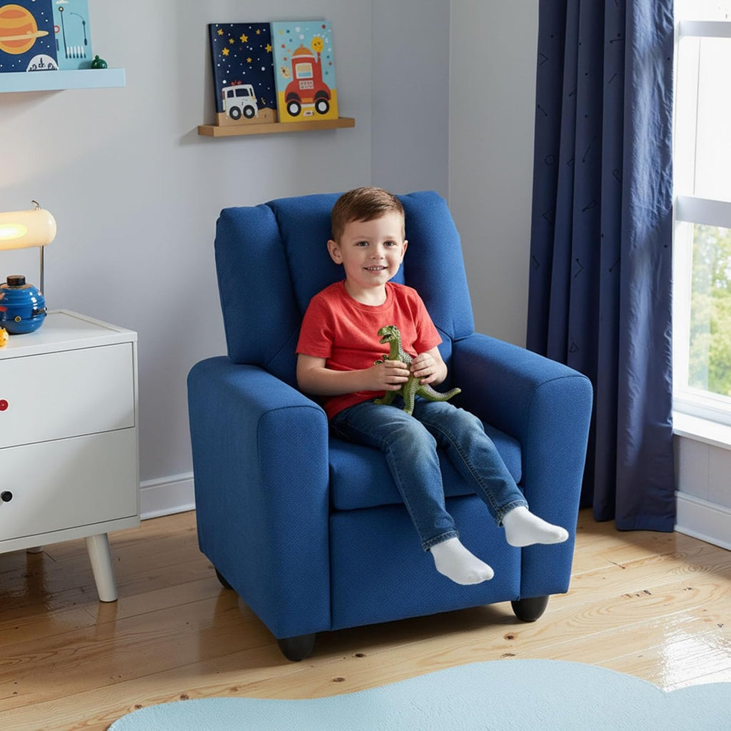 GLACER Kids Recliner with Cup Holder, Fabric Toddler Lounge Chair w/Adjustable Backrest & Footrest, Spring-Loaded Seat Cushion, Push Back Toddler Sofa for Boys & Girls Ages 3+ Years Old (Blue)
