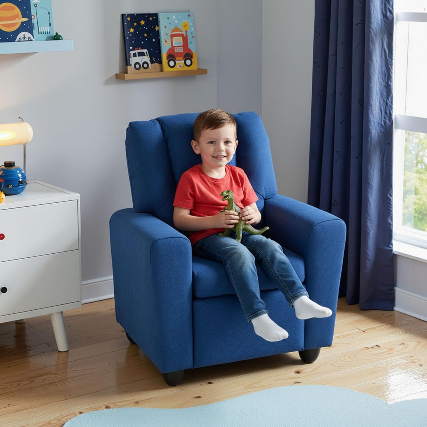 GLACER Kids Recliner with Cup Holder, Fabric Toddler Lounge Chair w/Adjustable Backrest & Footrest, Spring-Loaded Seat Cushion, Push Back Toddler Sofa for Boys & Girls Ages 3+ Years Old (Blue)
