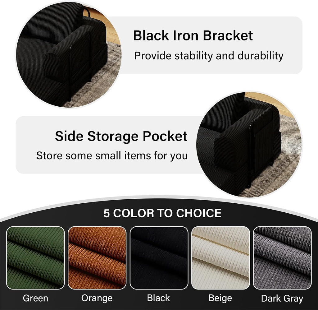 78'' Sleeper Couch Bed for Living Room, Convertible Modular Sofa with Fixed Frame and Side Pocket, Corduroy Futon Boneless Couches in a Box, No Assembly, Black