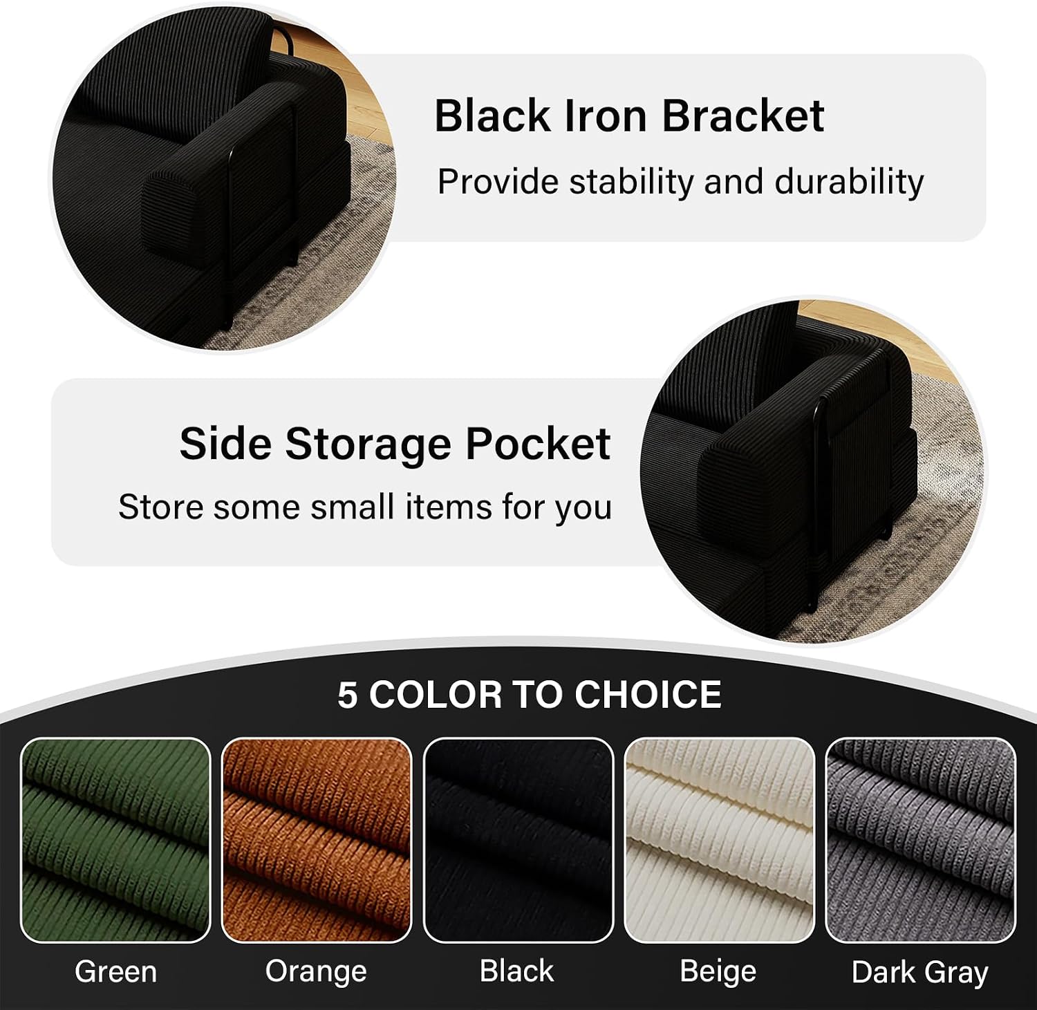 78'' Sleeper Couch Bed for Living Room, Convertible Modular Sofa with Fixed Frame and Side Pocket, Corduroy Futon Boneless Couches in a Box, No Assembly, Black