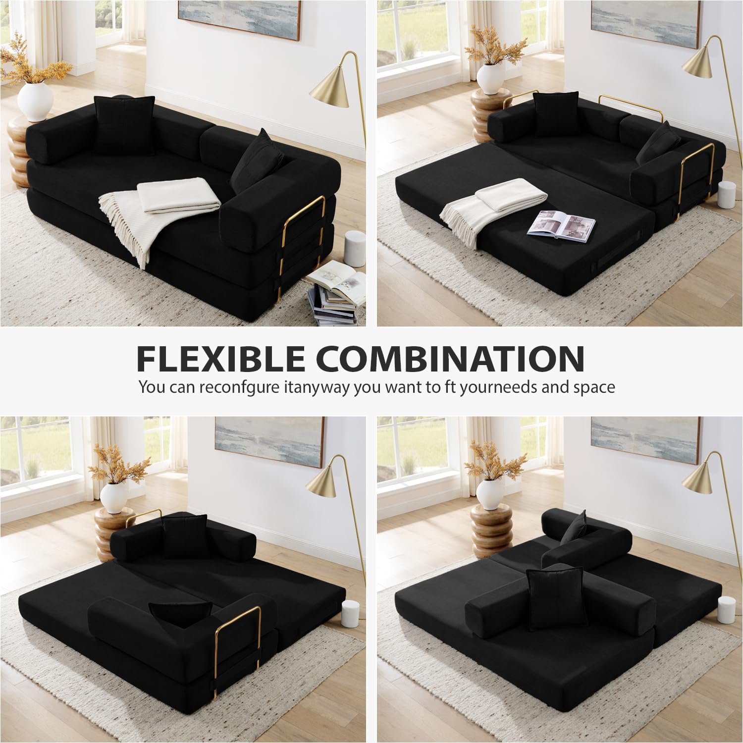 HANXIN 78 Inch Convertible Sleeper Sofa Bed, Folding Floor Mattress Couch with Fixed-Shape Frame, Futon Boneless Couch Lounge Loveseat with Pull Out Bed, No Assembly Required (Black)
