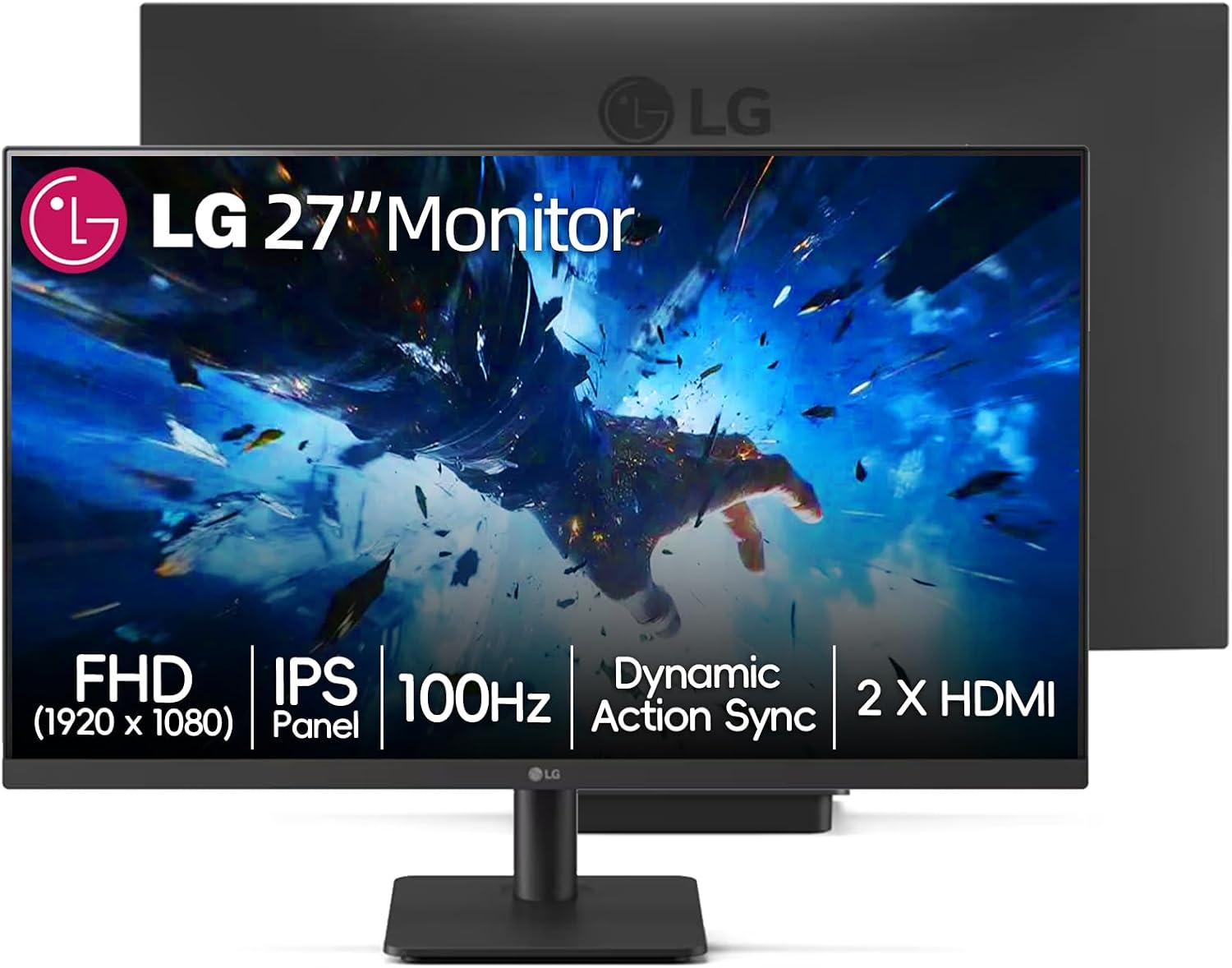 LG 27' Full HD (1920 x 1080) IPS Monitor, 100Hz, 5ms, Dynamic Action Sync, Black Stabilizer & Crosshair, HDR10, Reader Mode/Flicker Safe, HDMI, OnScreen Control, VESA Mount, Tilt Adjustable, Black