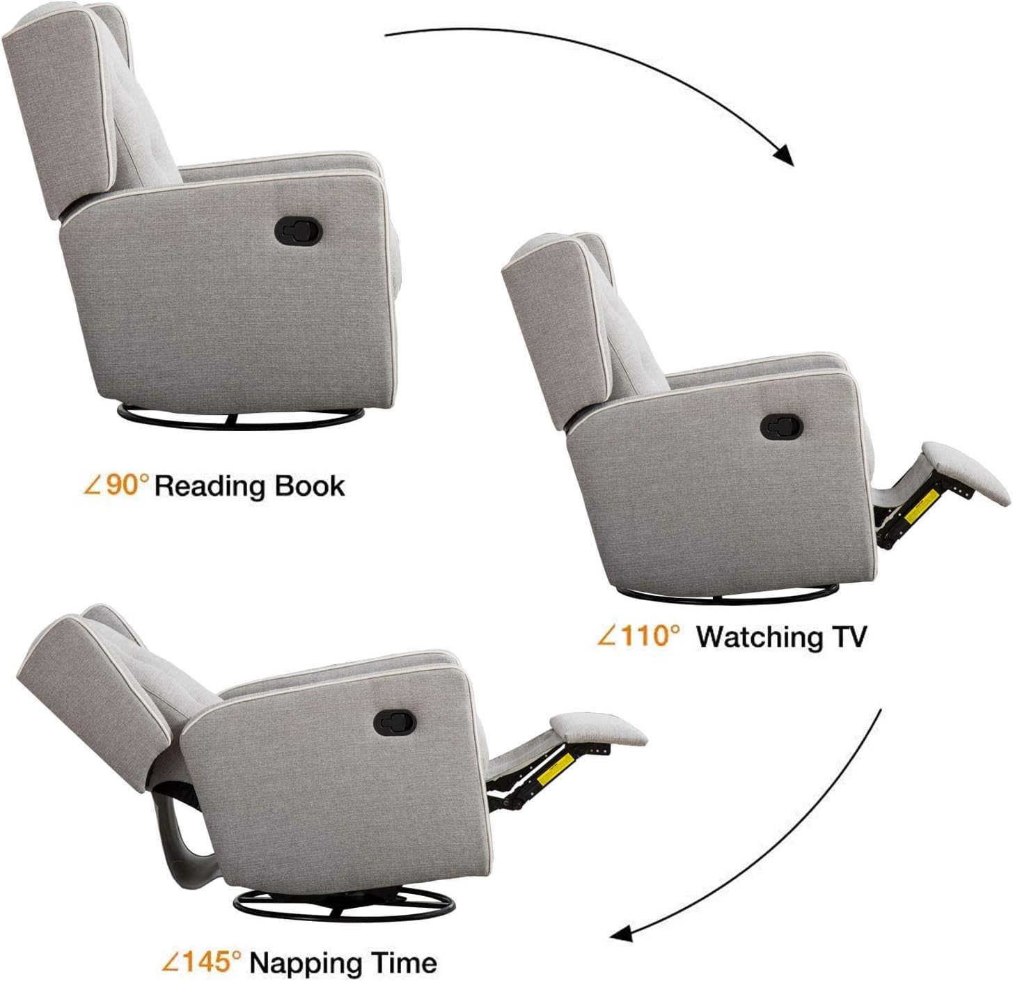 CANMOV Swivel Rocker Recliner Chair Set of 2, Nursery Glider Chair, Nursery Rocking Chairs, Manual Reclining Chair, Grey