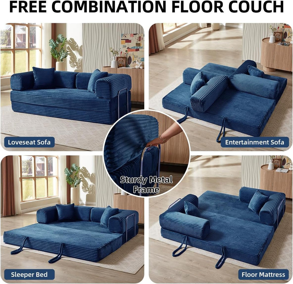 Convertible Folding Sofa Bed,Fold Out Floor Sofa Couch with Fixed-Shape Frame,Corduroy Foldable Mattress Cloud Couch for Living Room Bedroom (Blue, 81 Inch)