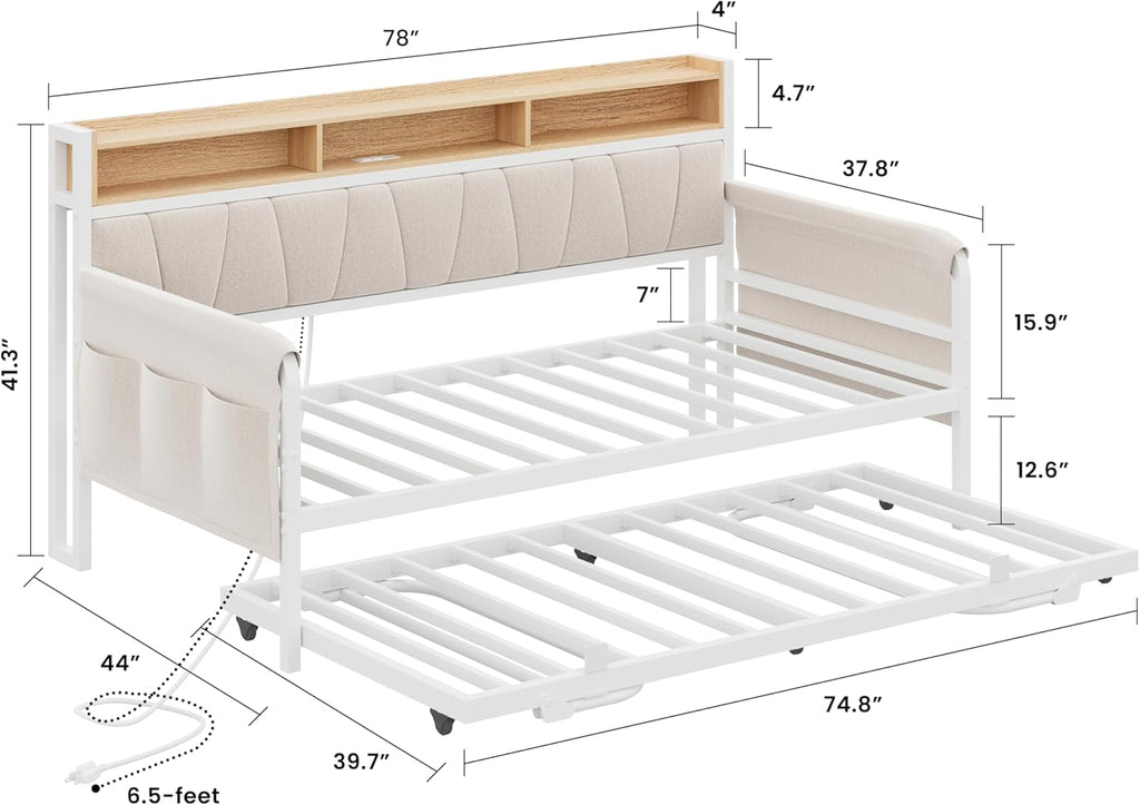 LIKIMIO Daybed with Trundle Bed, Twin Bed Frame with Upholstered Storage Headboard and Charging Station, Sofa Day Bed with Strong Supports for Living Room, Bedroom, and Guest Room, White
