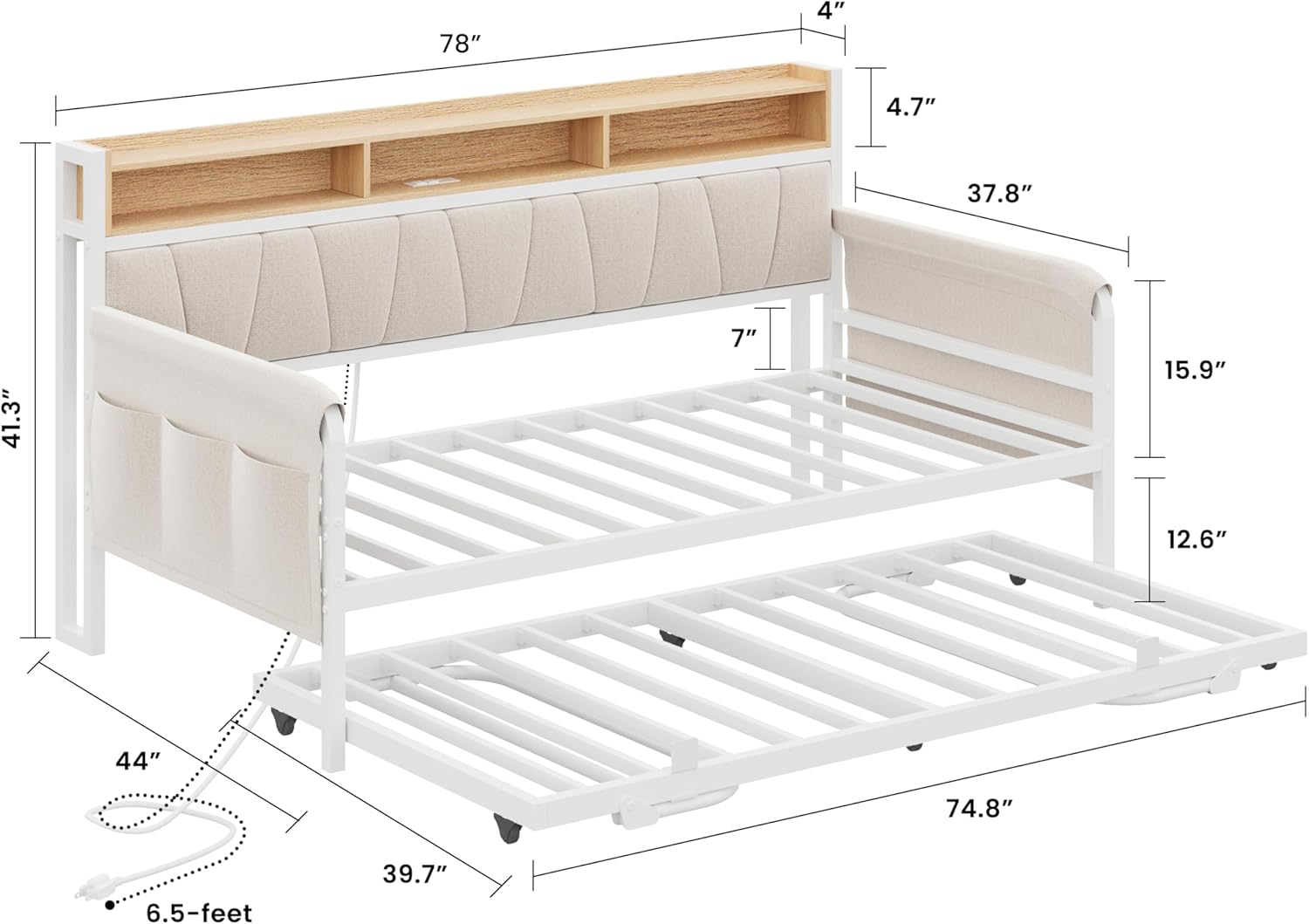 LIKIMIO Daybed with Trundle Bed, Twin Bed Frame with Upholstered Storage Headboard and Charging Station, Sofa Day Bed with Strong Supports for Living Room, Bedroom, and Guest Room, White