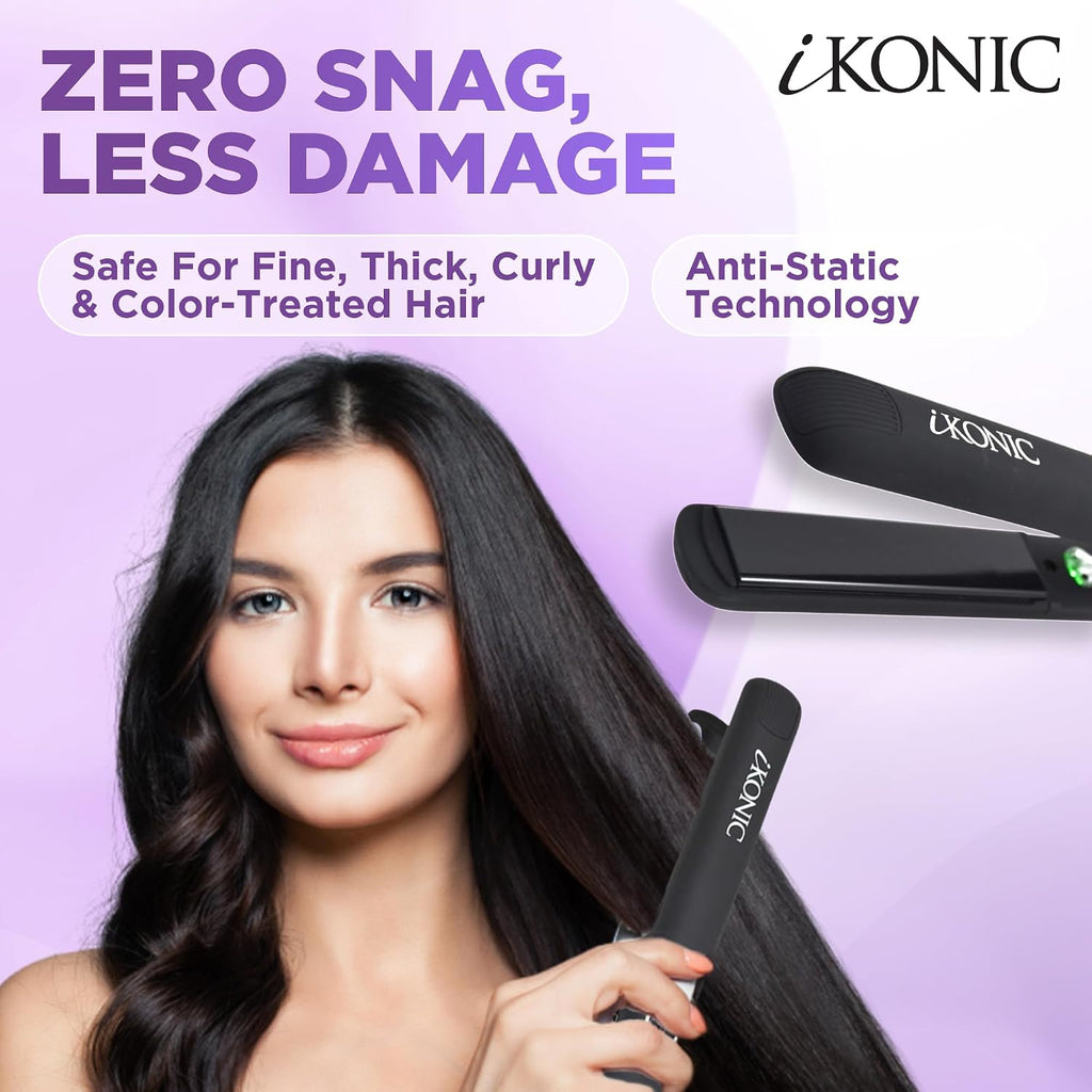IKonic 100% Tourmaline Ceramic Hair Straightener & Curler– Anti-Static Infrared Ionic 2-in-1 Dual Voltage Flat Iron –1' Floating Plates, Adjustable Temp 140–450°F, Frizz-Free & Fast Heat Hair Iron