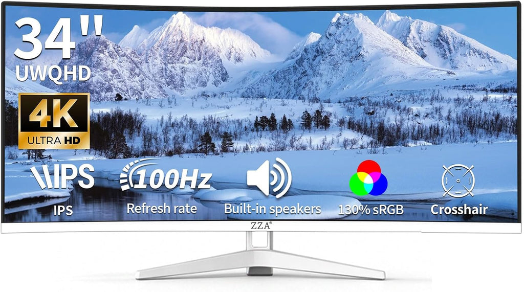 ZZA 34 Inch Ultrawide Curved Monitor Built in Speakers 4K Gaming Computer Monitor 100Hz, WQHD(3440x1440P) Curved 3800R 21:9 Ultra Wide PC Display, 130% sRGB, HDMI &DP, VESA Mount Compatible-White
