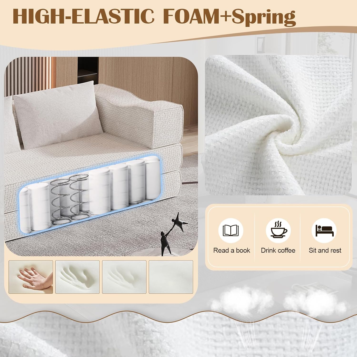 80' Convertible Folding Sofa Bed, 4-in-1 DIY Combination Fold Out Sleeper Sofa Bed King Size, Loveseat sleeper Couch w/ Removable Armrests, Chenille Floor Couch, Small couches for small spaces (Beige)