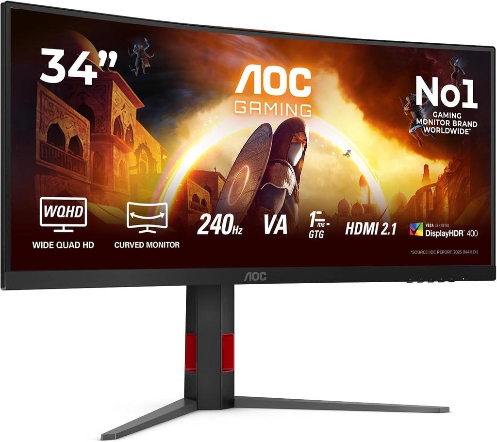 AOC Gaming CU34G4Z - 34 inch WQHD Curved Monitor, 240 Hz, FreeSync Prem., HDR400 (3440 x 1440, 1ms GtG, 2X HDMI 2.1, 1x DisplayPort 1.4, USB Hub) Black-Red