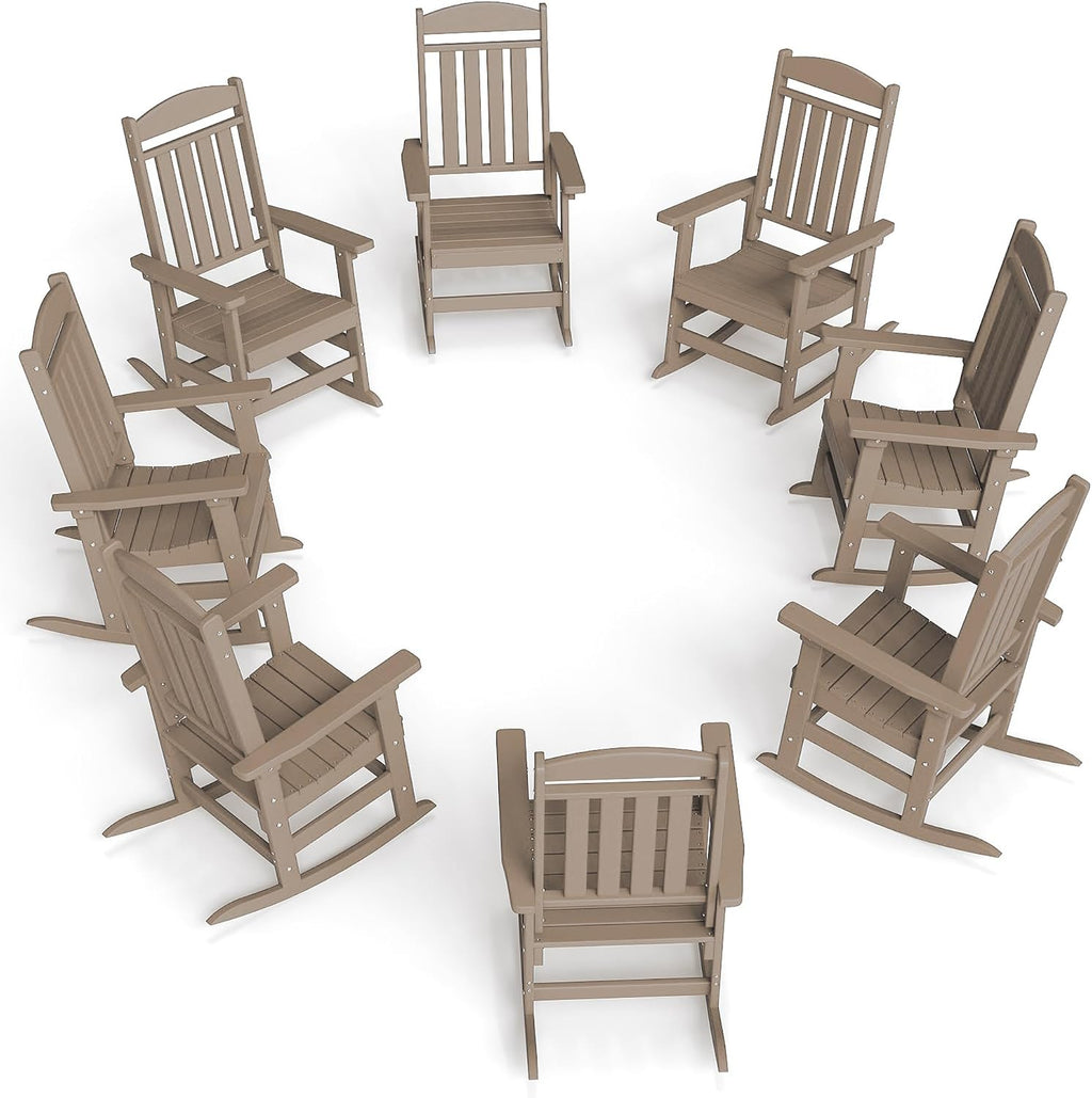 FOOWIN Outdoor Rocking Chair Set of 8, High Back Patio Rocking Chair, HDPE All Weather Resistant Porch Rocker for Adult, Oversized Rocking Chairs for Garden, Lawn, Indoor & Outdoor Use, Brown
