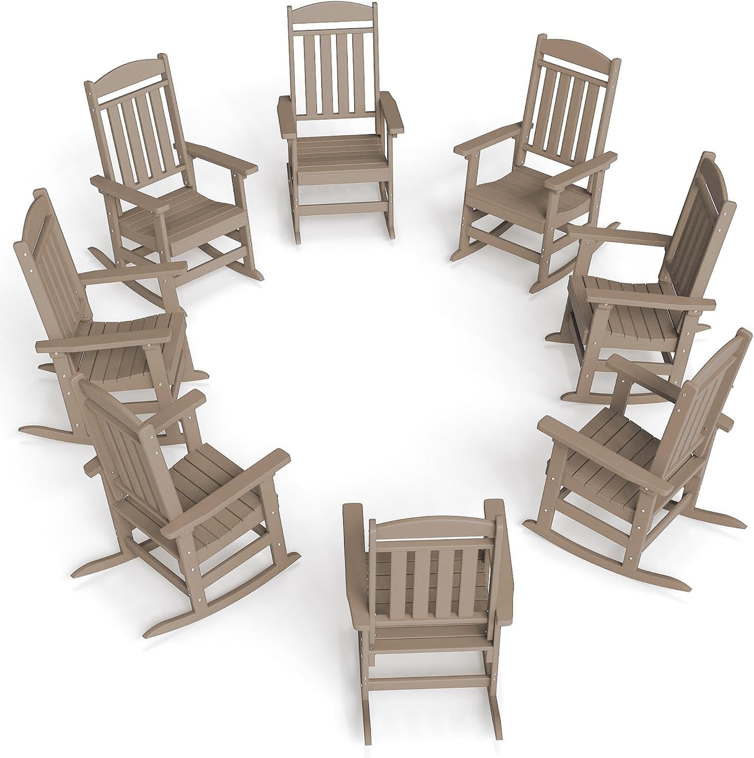 FOOWIN Outdoor Rocking Chair Set of 8, High Back Patio Rocking Chair, HDPE All Weather Resistant Porch Rocker for Adult, Oversized Rocking Chairs for Garden, Lawn, Indoor & Outdoor Use, Brown