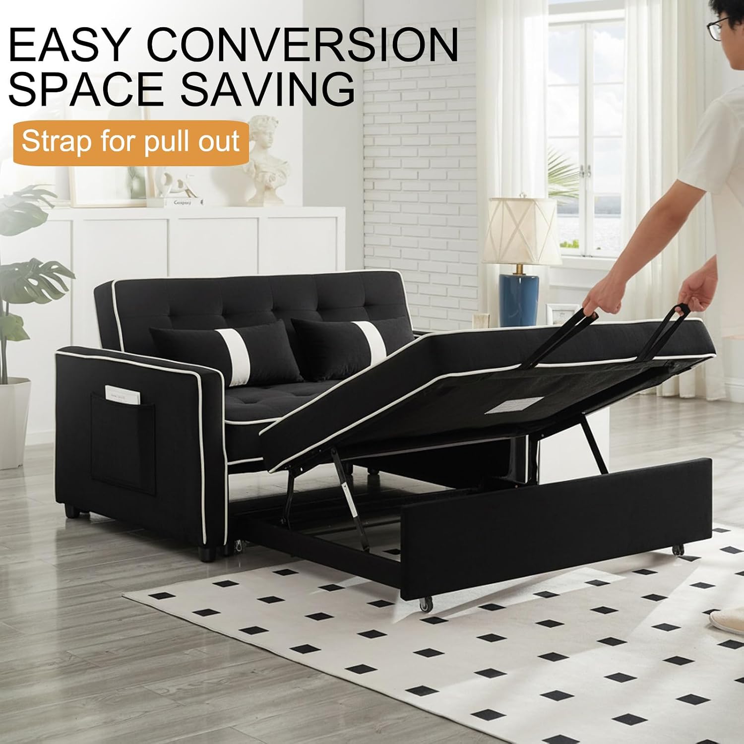 Loveseat Sleeper Sofa, 3 in 1 Convertible Sofa Bed, Adjustable Backrest Comfy Pull Out Couch, Modern Upholstered Sofa for Living Room Bedroom Apartment Small Space (Black 1)
