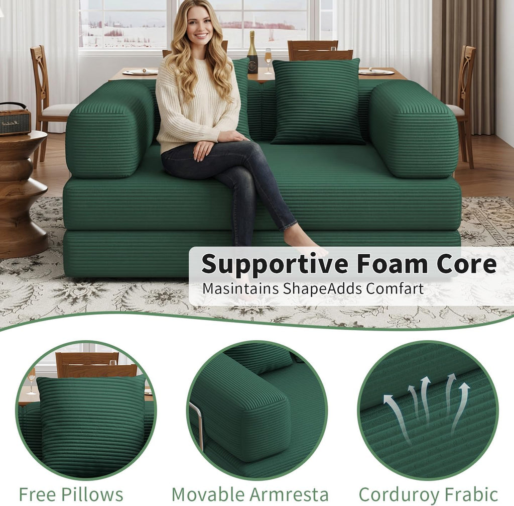 BSHOMGI Folding Sofa Bed Convertible Corduroy Couch Queen Size Floor Sleeper 4-in-1 DIY Combination Modular Lazy Sofas Fold Futon Lounge for Living Room (Green, 53.15' Double Sofa)