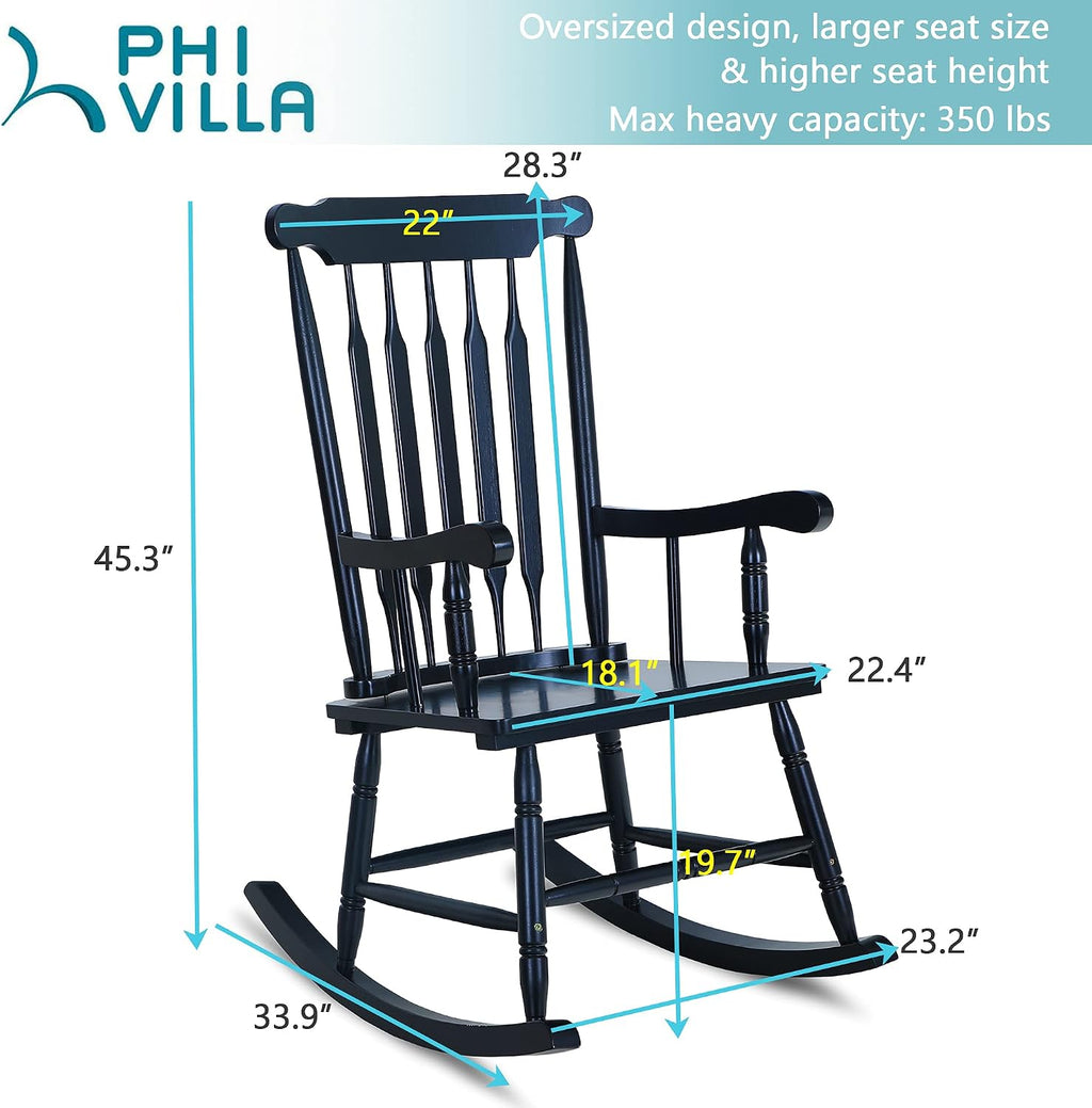 PHI VILLA Outdoor Wood Rocking Chair, Oversized Acacia Wood Slat Back Rocker Chairs for Patio, Deck, Balcony, Porch and Indoor, 30° Safe Recline Support 350 lbs - Black