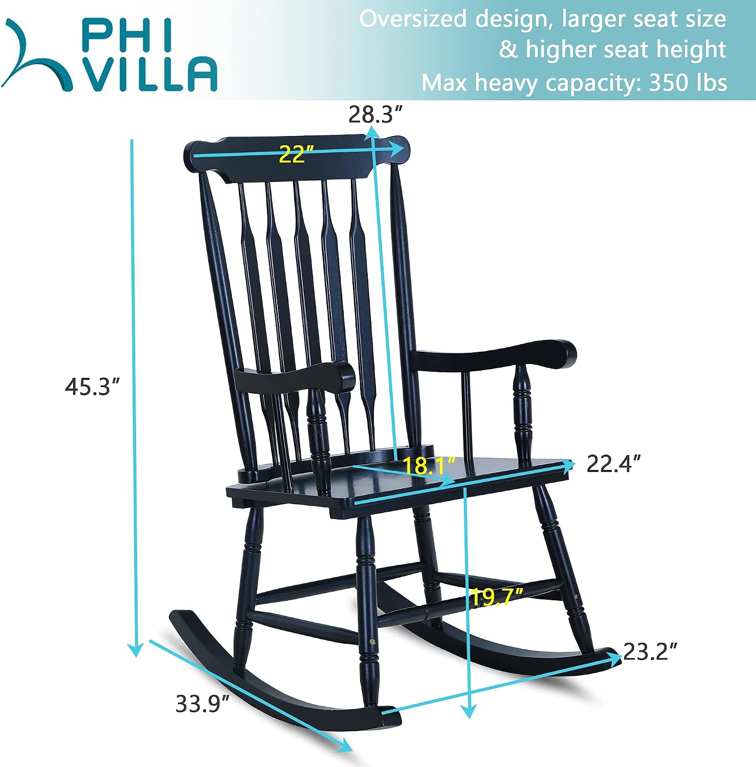 PHI VILLA Outdoor Wood Rocking Chair, Oversized Acacia Wood Slat Back Rocker Chairs for Patio, Deck, Balcony, Porch and Indoor, 30° Safe Recline Support 350 lbs - Black